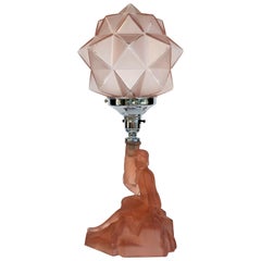 Art-Déco-Tischlampe aus Nussbaum und Sohne aus Glas, ca. 1930er Jahre