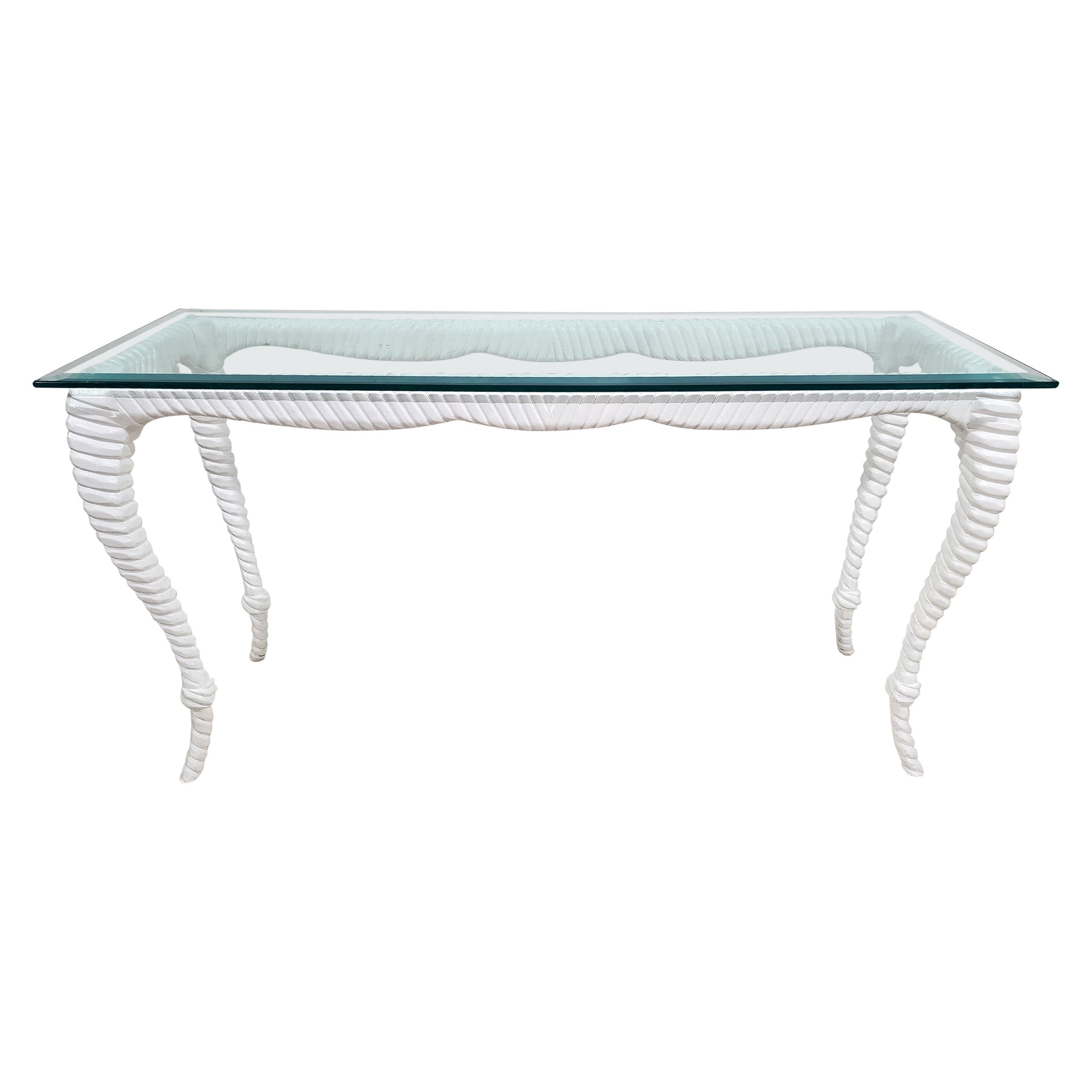 Italian Glass Wood Console Faux Rope Vintage For Sale