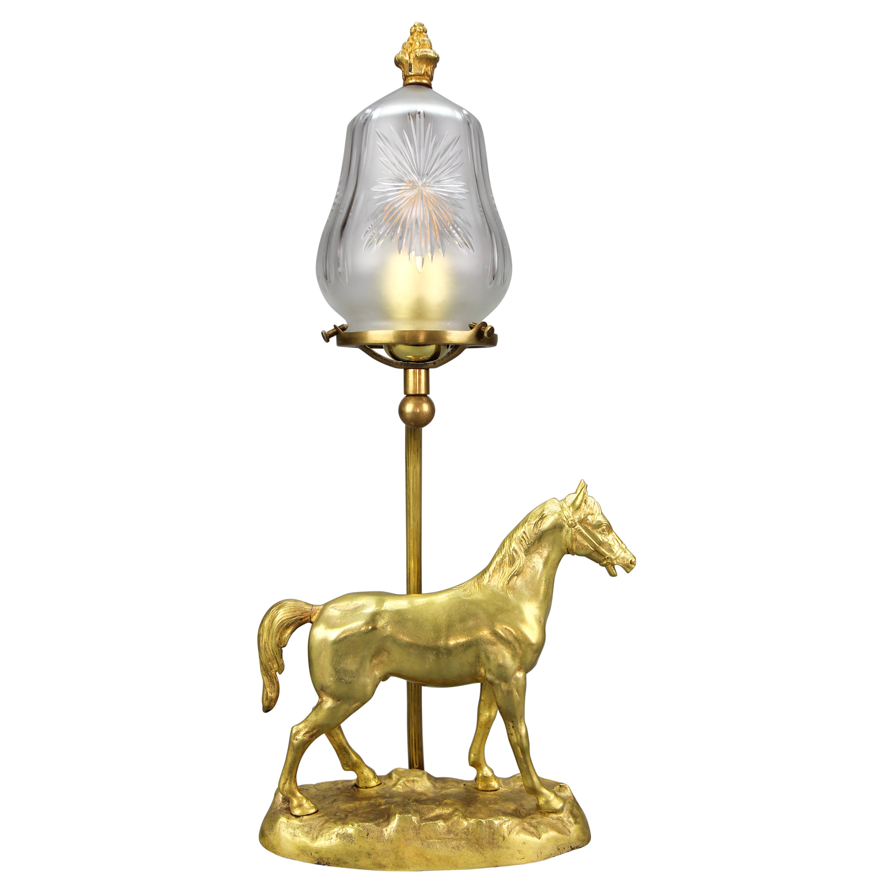 French Bronze Horse Sculpture and Cut Frosted Glass Table Lamp, ca 1950s