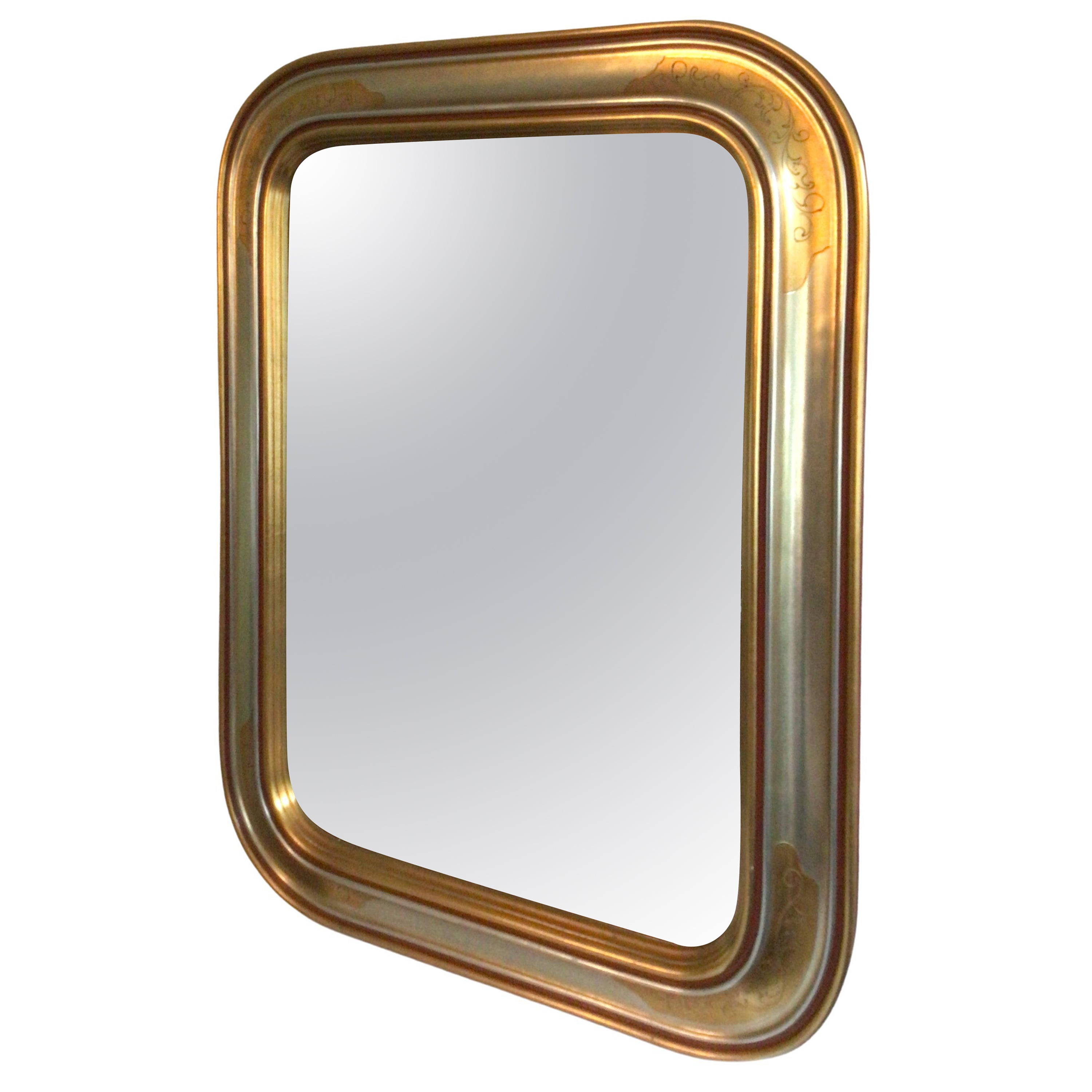1970s Gilt and Silver Leaf Wood Wall Mirror With Beveled Glass For Sale