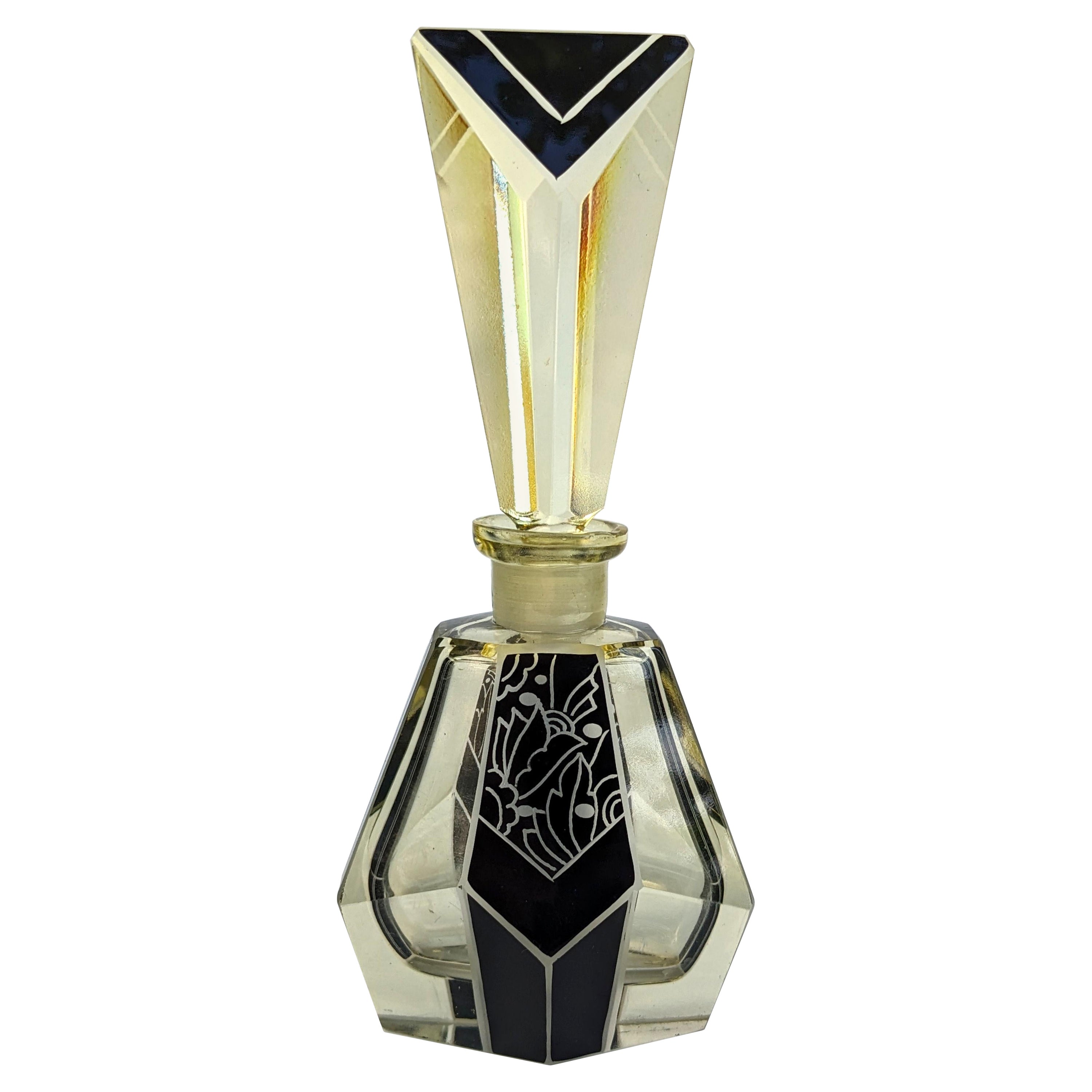 Art Deco Cut Glass & Enamel Perfume Bottle, c1930 For Sale