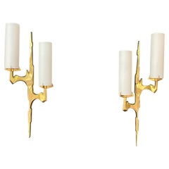 Arlus, Pair  of Sconces in Bronze and Opaline Glass, circa 1960