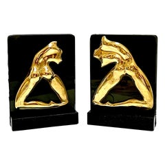 Signed M. Lima Abstract Bronze and Glass Bookends, Nude Profiles