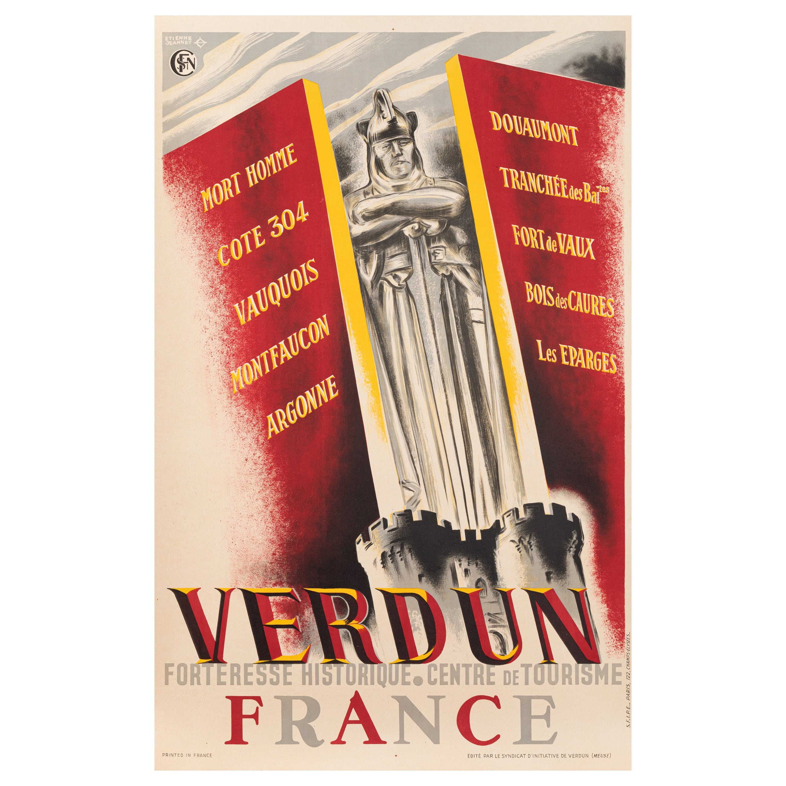 Jeannet, affiche originale des chemins de fer, Verdun, Première Guerre mondiale, soldat, guerrier, épée, 1930 en vente