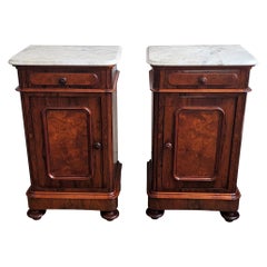 Pair of Italian Antique Walnut Burl White Carrara Marble Night Stands Bed Tables
