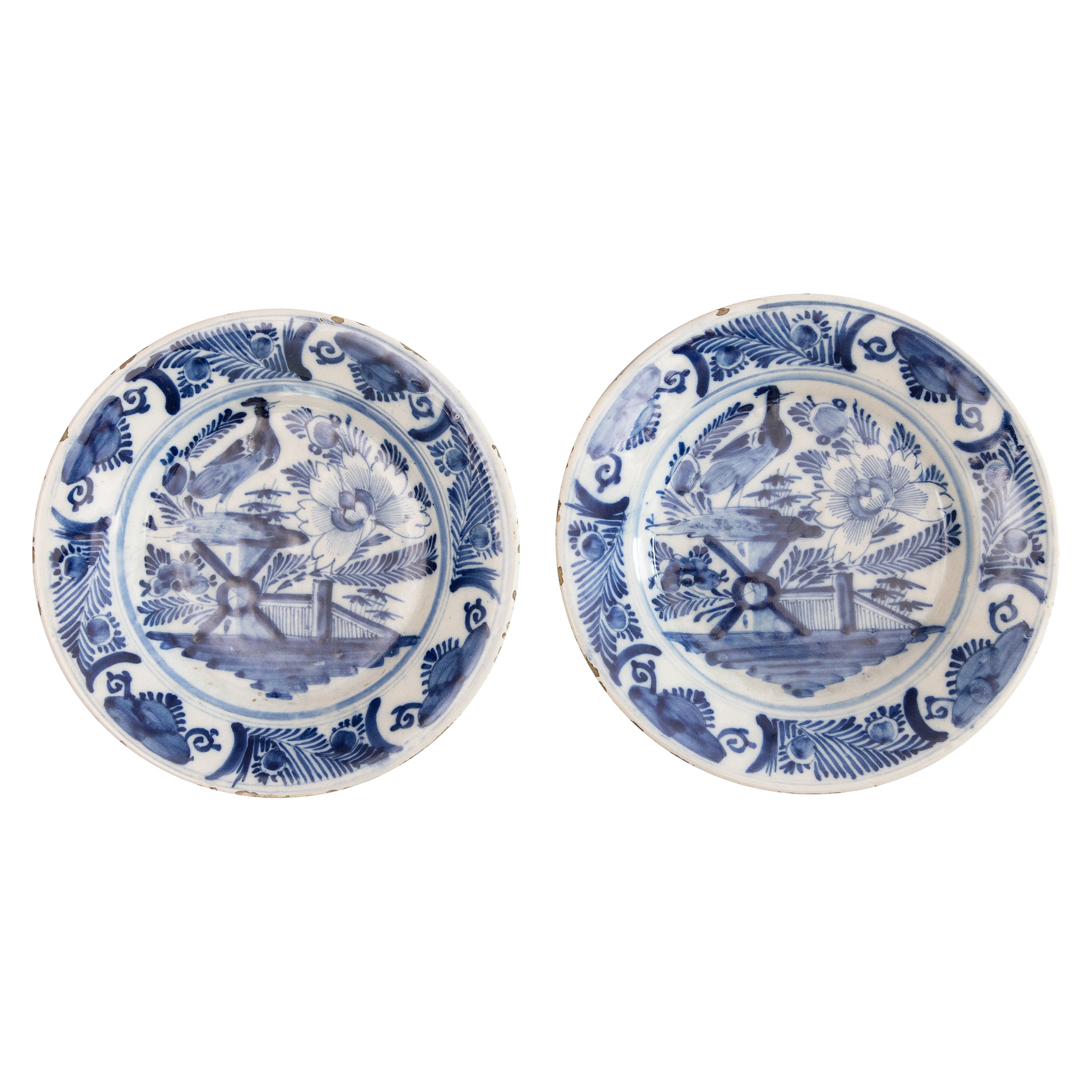 Pair of 18th Century Dutch Delft Faience Chinoiserie Floral Bird Plates For Sale