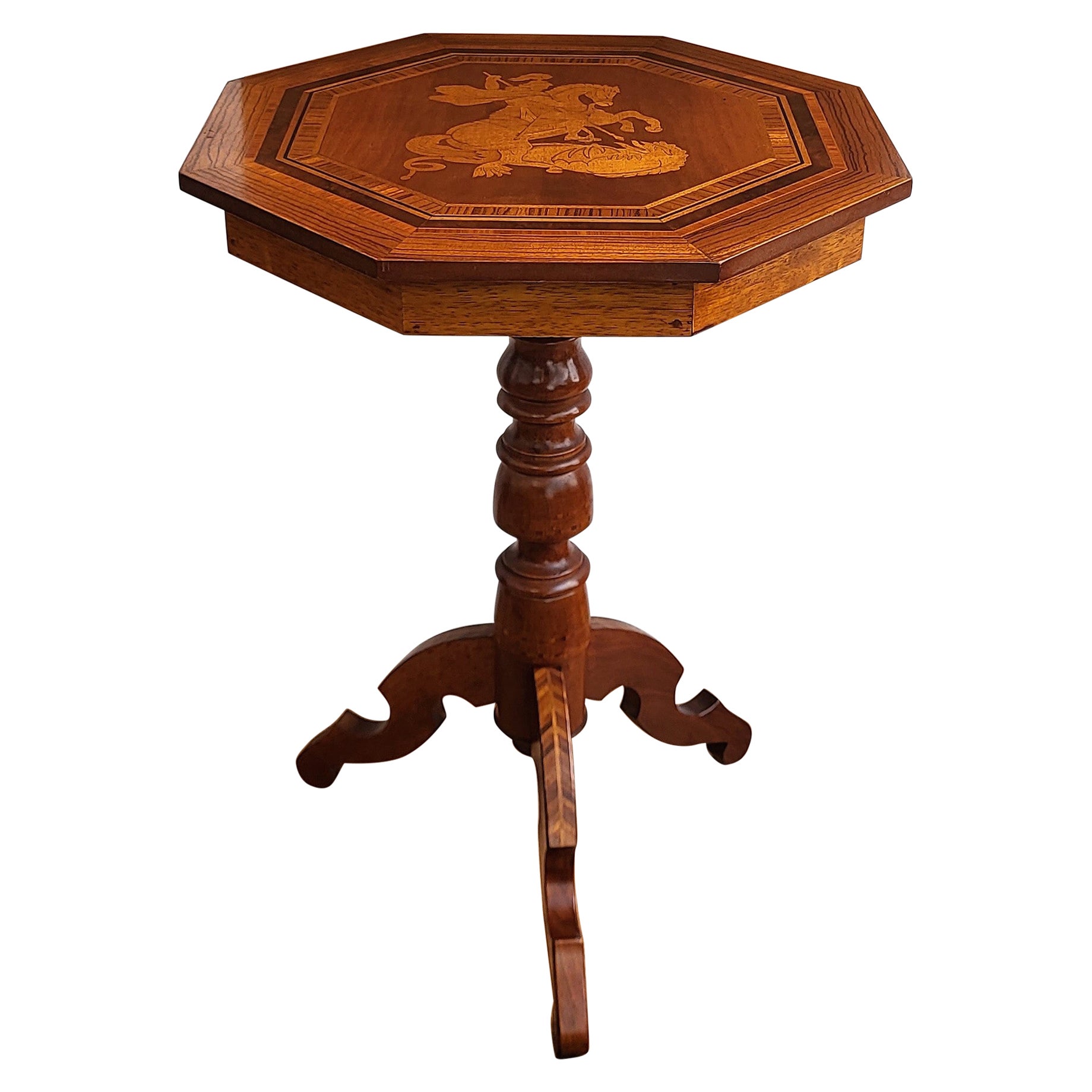 Biedermeier Italian Walnut Inlay Marquetry Octagonal Tripod Sofa or Side Table