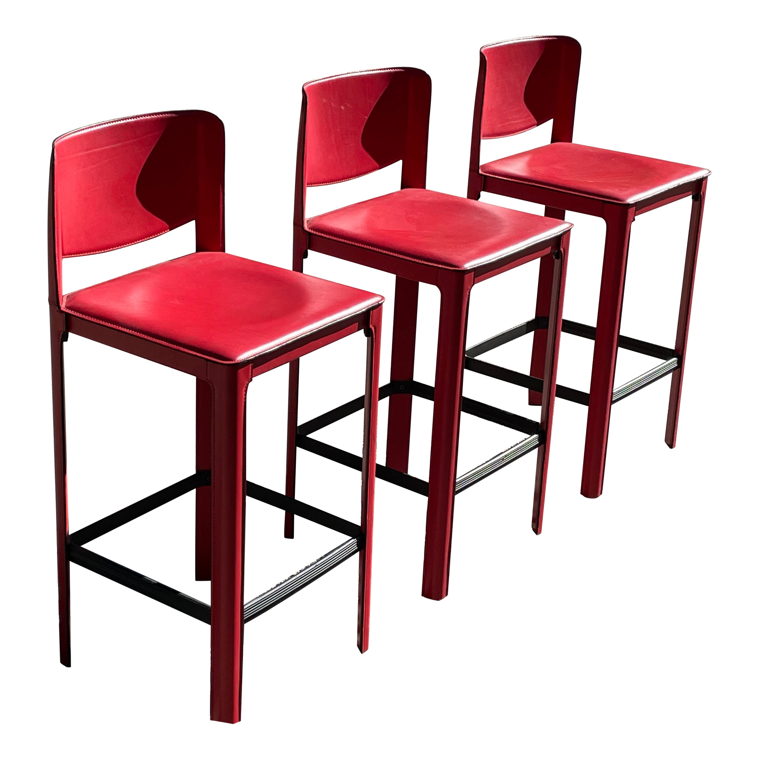 Matteo Grassi Stitched Red Leather Barstools Set of 3