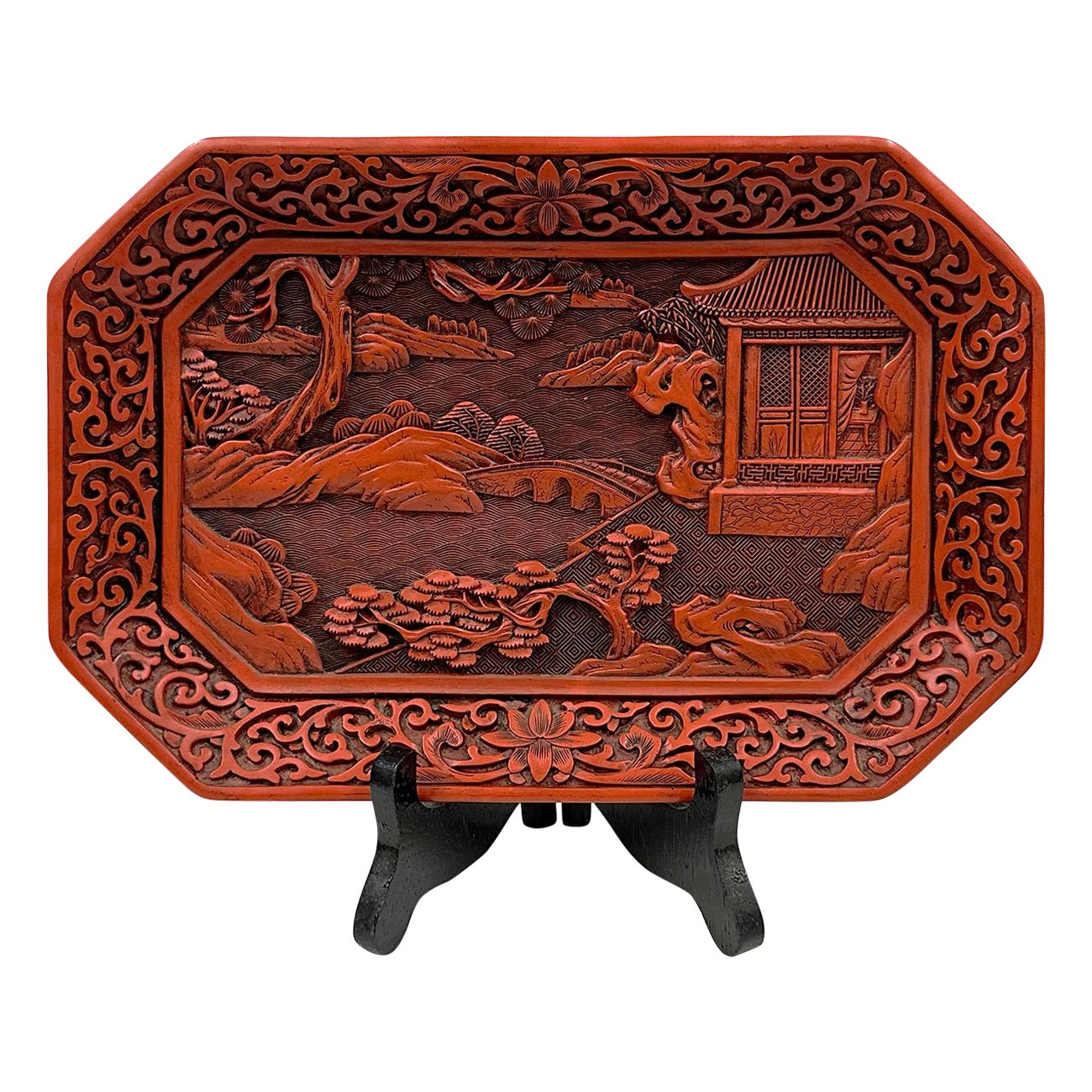 Mid-20th Century Chinese Hand Carved Cinnabar Lacquer Plate For Sale