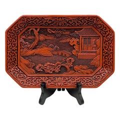Vintage Mid-20th Century Chinese Hand Carved Cinnabar Lacquer Plate