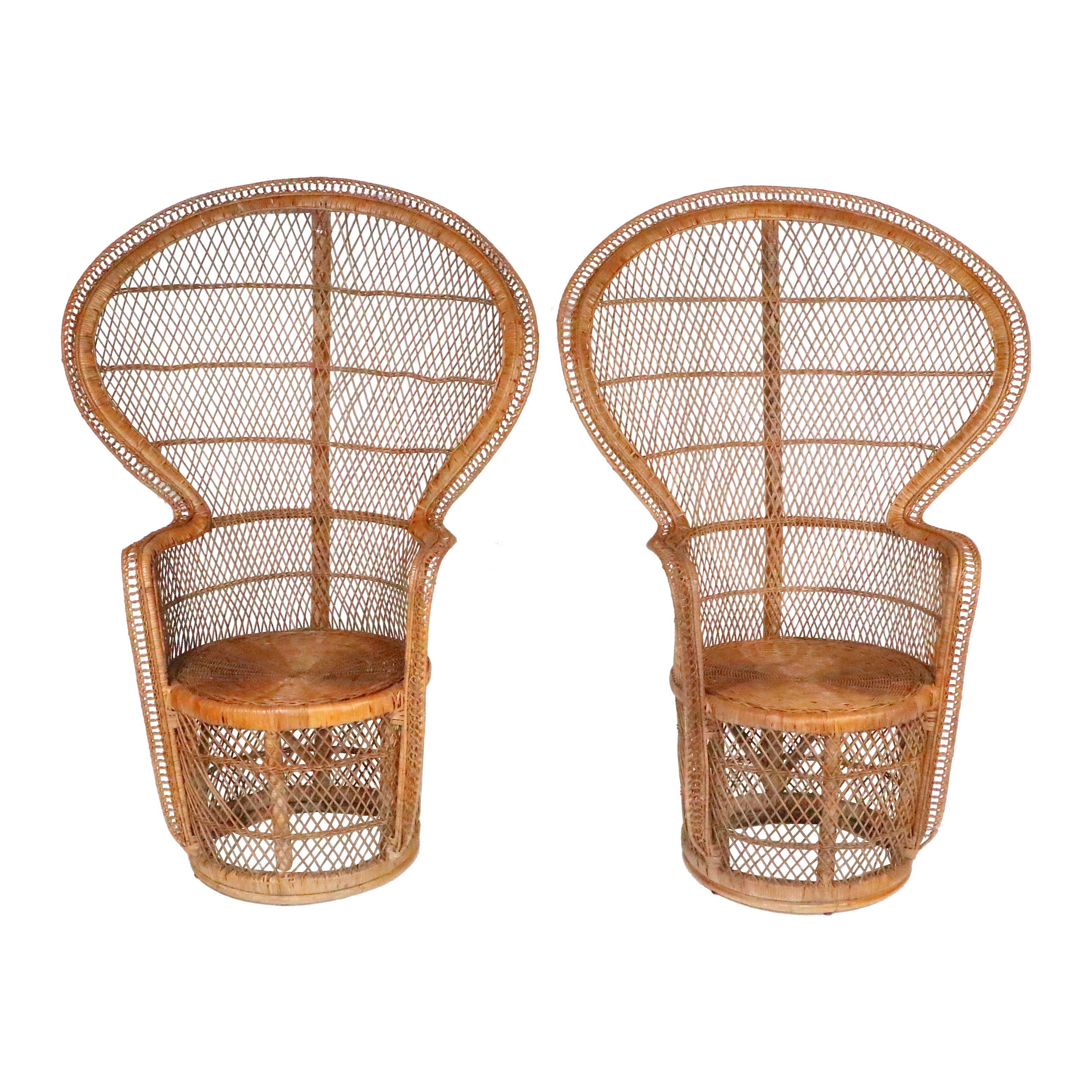 Pr. Vintage Emanuelle Peacock Woven Wicker  Chairs c. 1970's For Sale