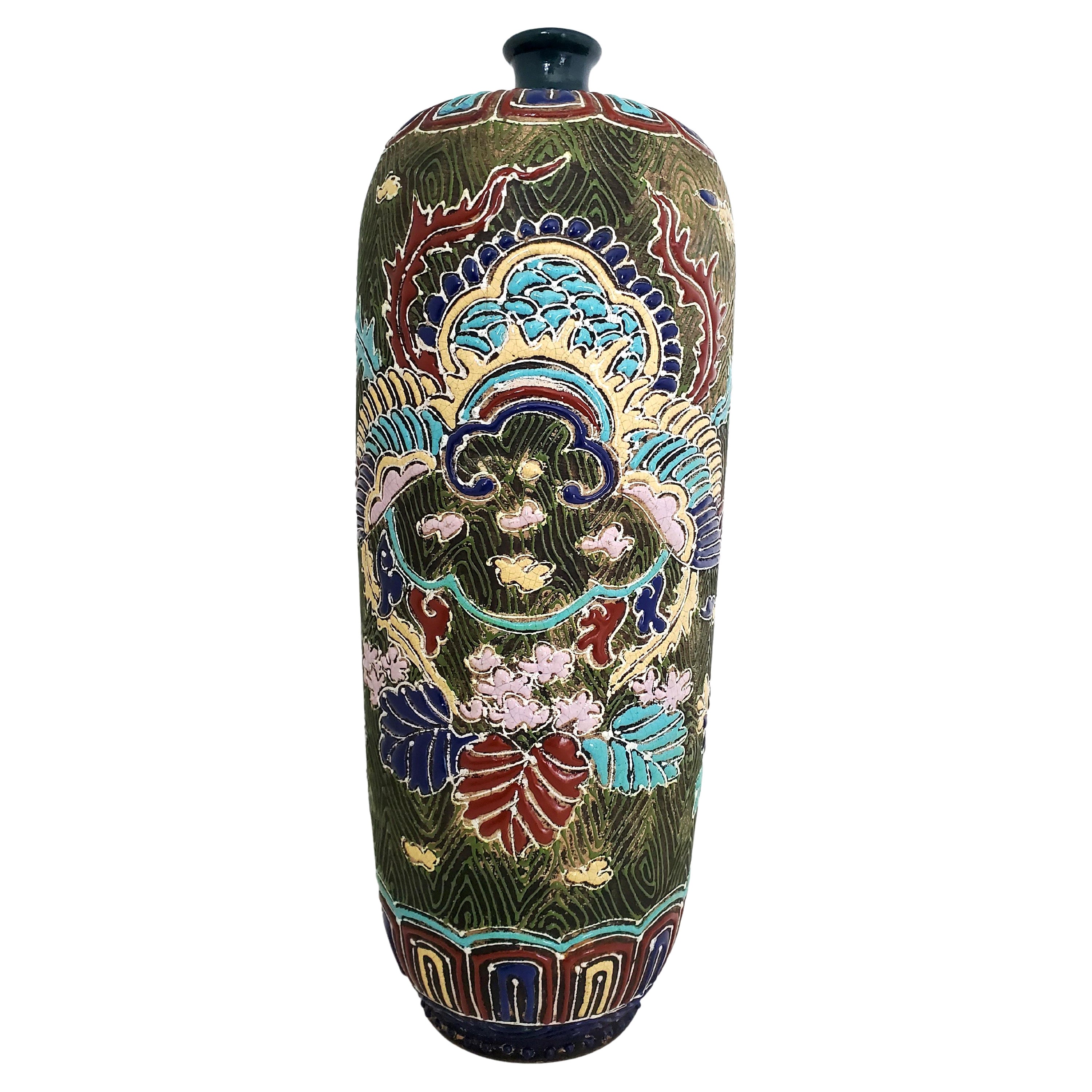Antique Chinese Hand Enamelled Earthenware Sleeve Vase Signed Ixia For Sale