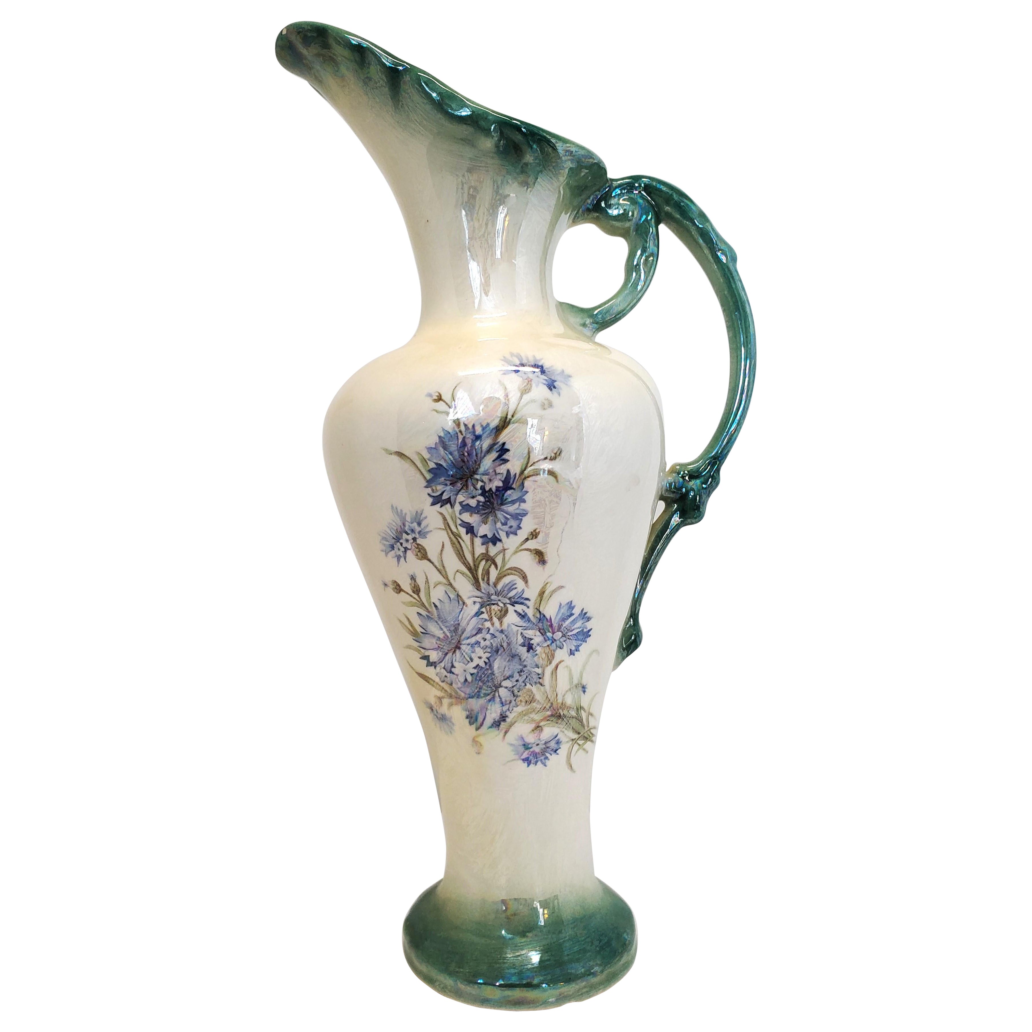 Victorian Pearl Lusterware Ewer or Pitcher with Green Trim and Blue Flowers For Sale