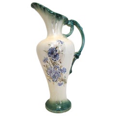 Victorian Pearl Lusterware Ewer or Pitcher with Green Trim and Blue Flowers
