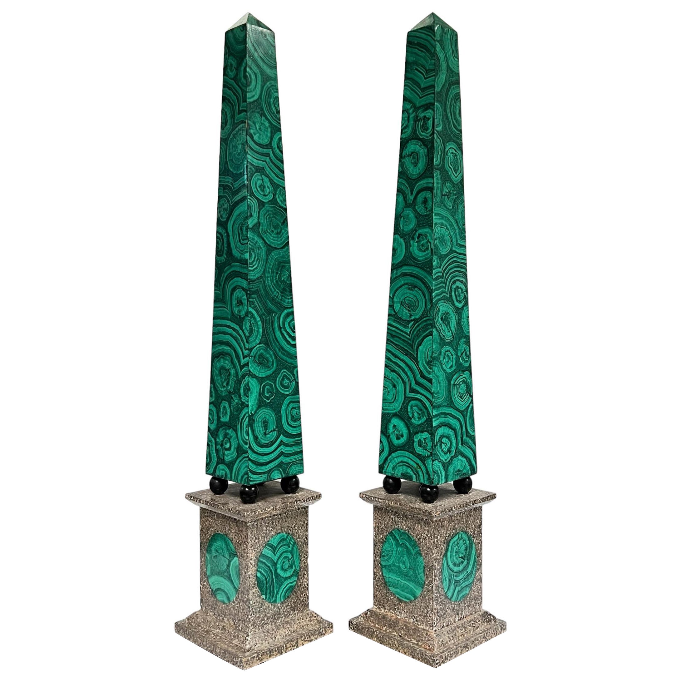 Pair Large Faux Malachite Obelisks