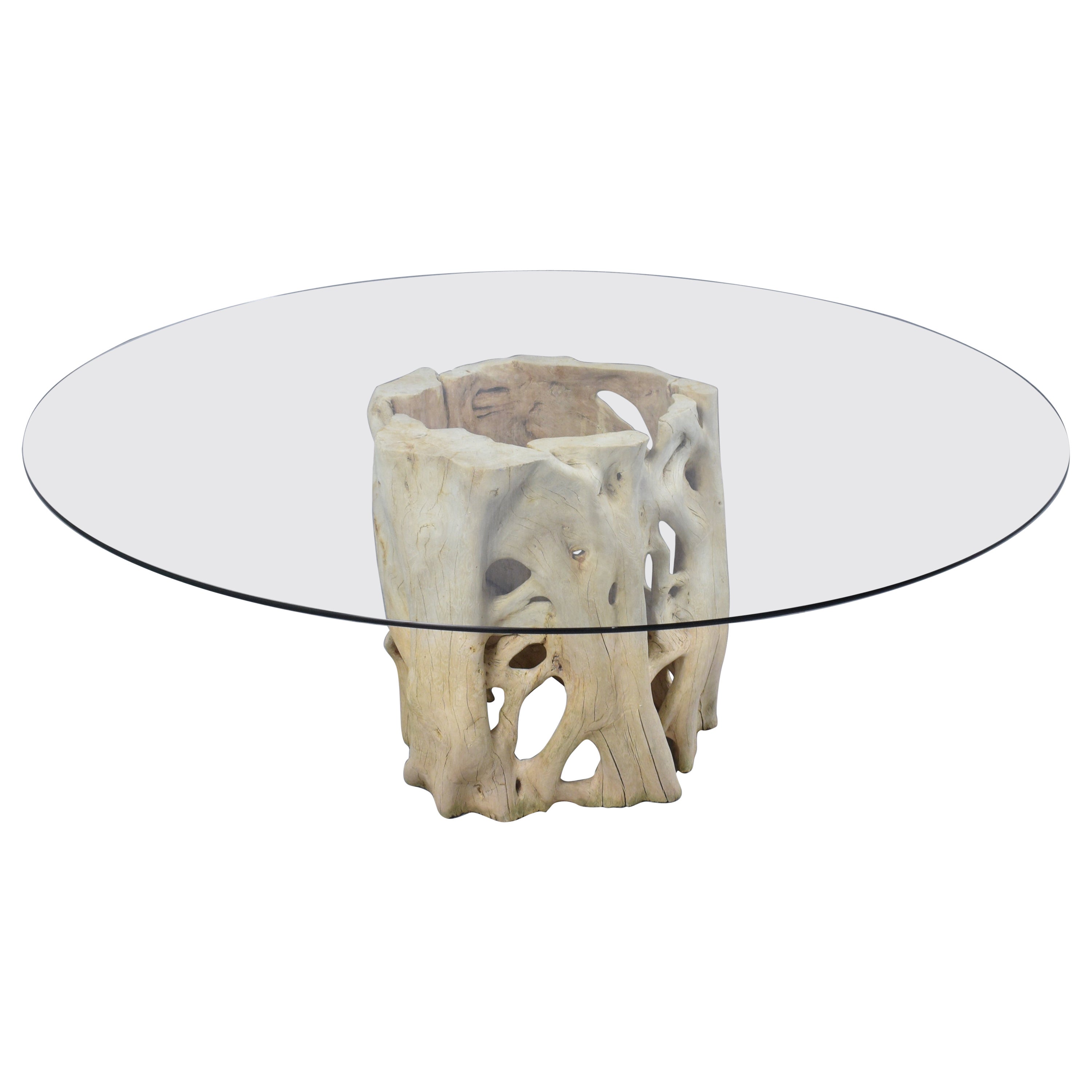 Vintage Cypress Wood Root Tree Dining Table with Round Glass Top
