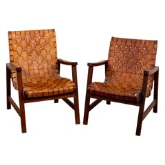Pair Jens Risom Style Leather Woven Armchairs