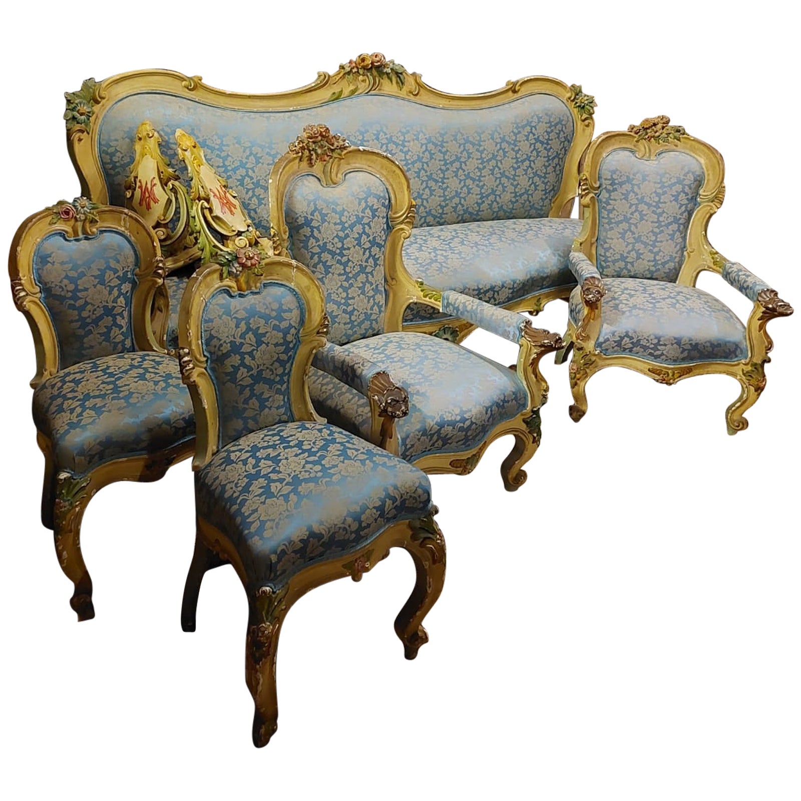 Complete Liberty living room set, carved lacquered yellow and blue, Italy