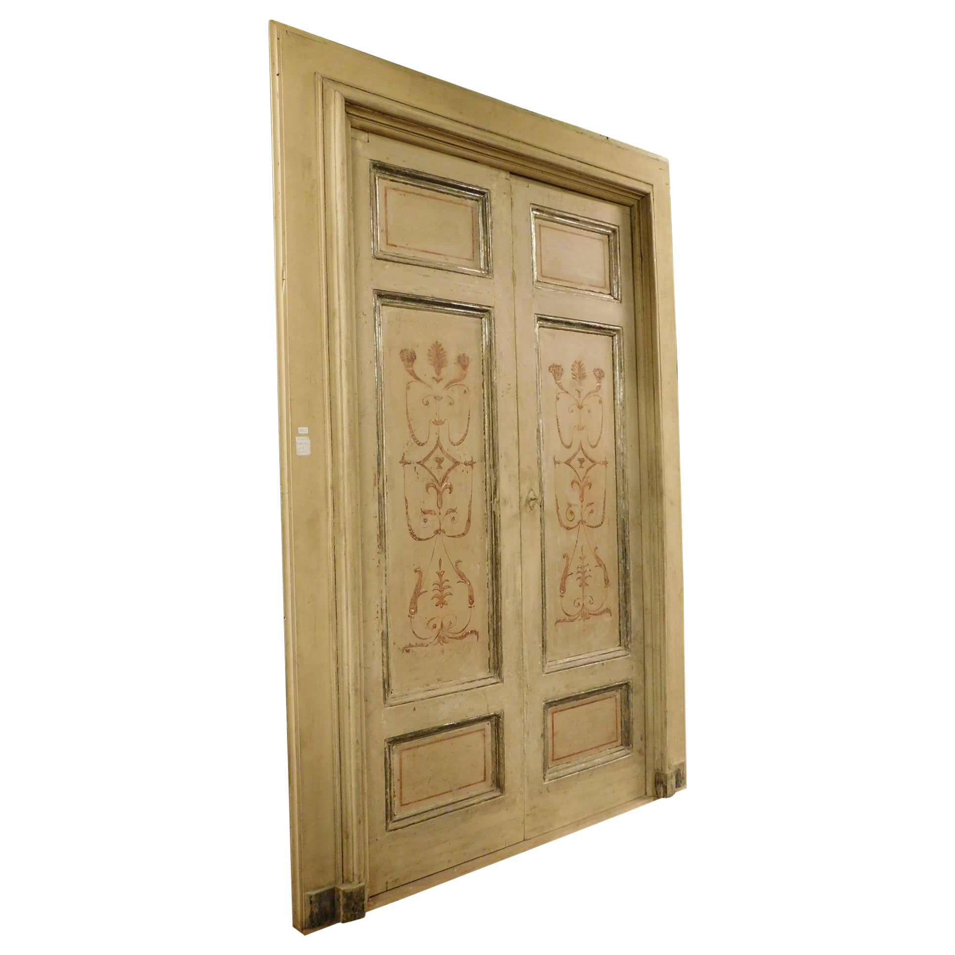 Hand painted lacquered double door, silver mouldings and original frame, Italy For Sale