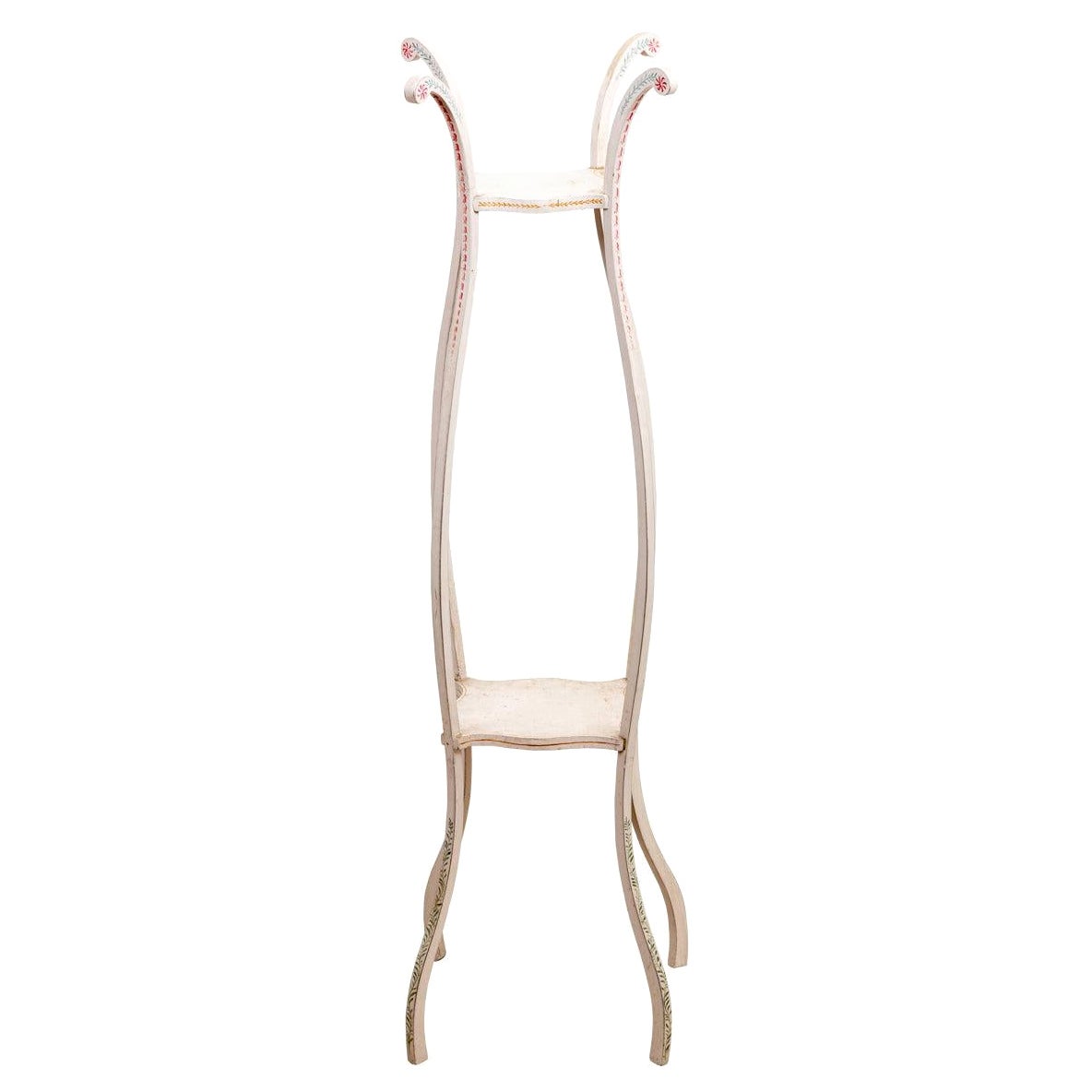 Cane and Carved Wood Plant Stand with Craved Drape Decoration at