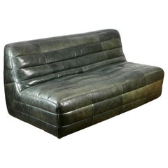 Green olive De Sede style patchwork leather sofa from France, 1980s