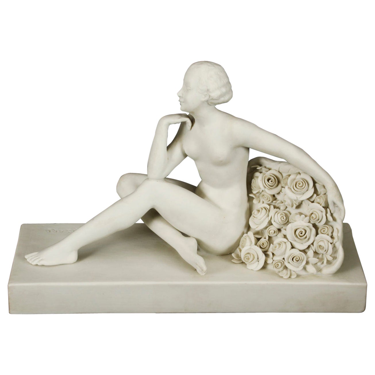 Antique Art Deco Bisque Porcelain Sculpture "Seated Nude With Flowers" 20th C For Sale