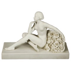 Antique Art Deco Bisque Sculpture "Seated Nude With Flowers" 20th Century