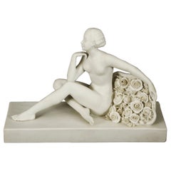 Antique Art Deco Bisque Porcelain Sculpture "Seated Nude With Flowers" 20th C