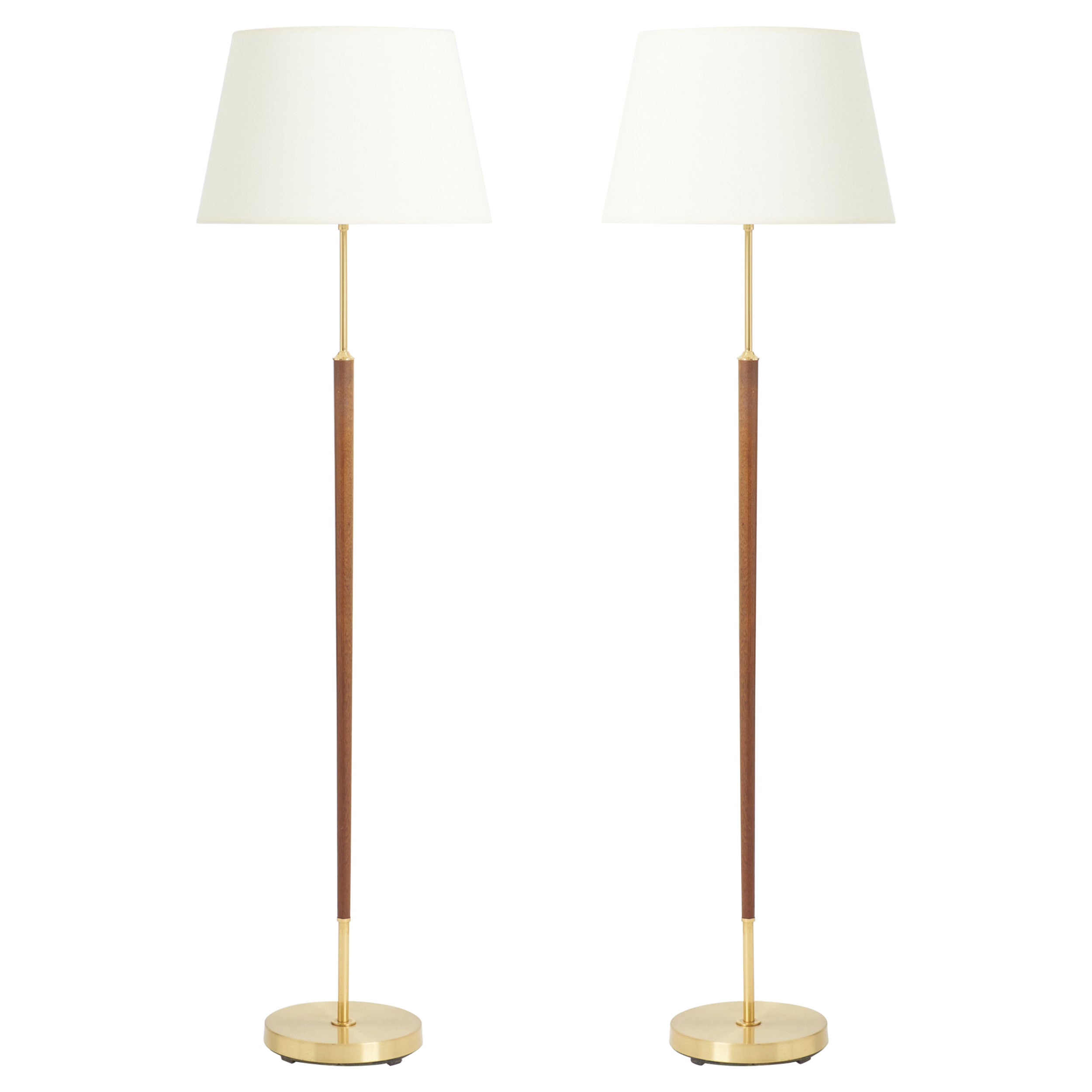 Pair of Brass and Walnut Floor Lamps