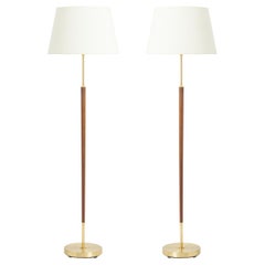 Pair of Brass and Walnut Floor Lamps