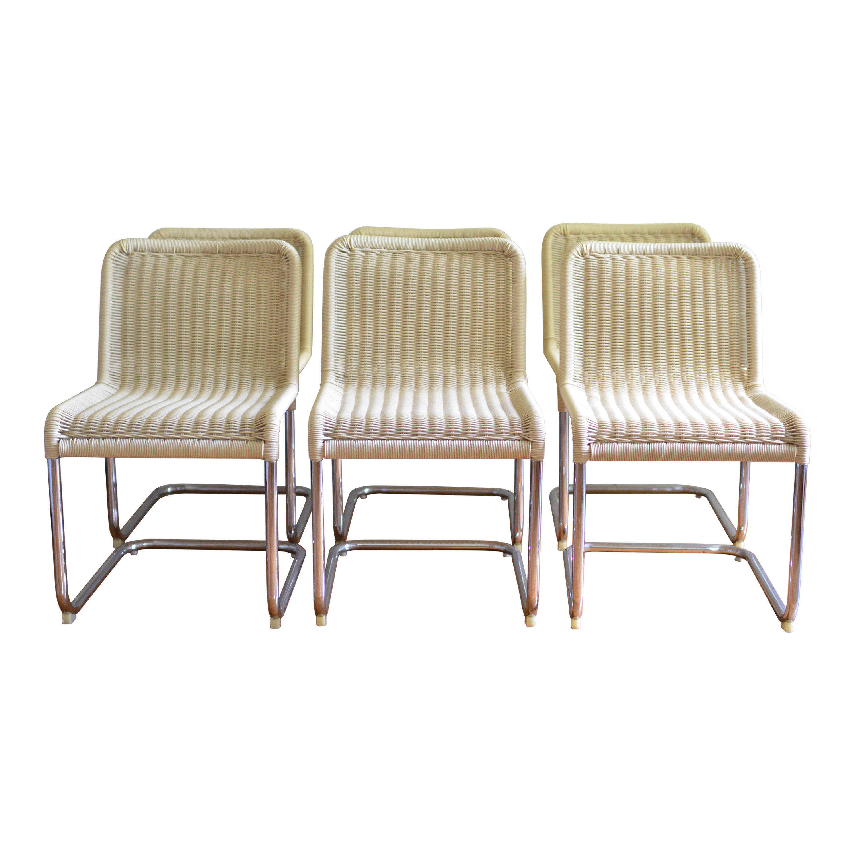 Mid-Century Modern Set of 6 Marcel Breuer Style Woven Acrylic Rattan and Chrome Chairs For Sale