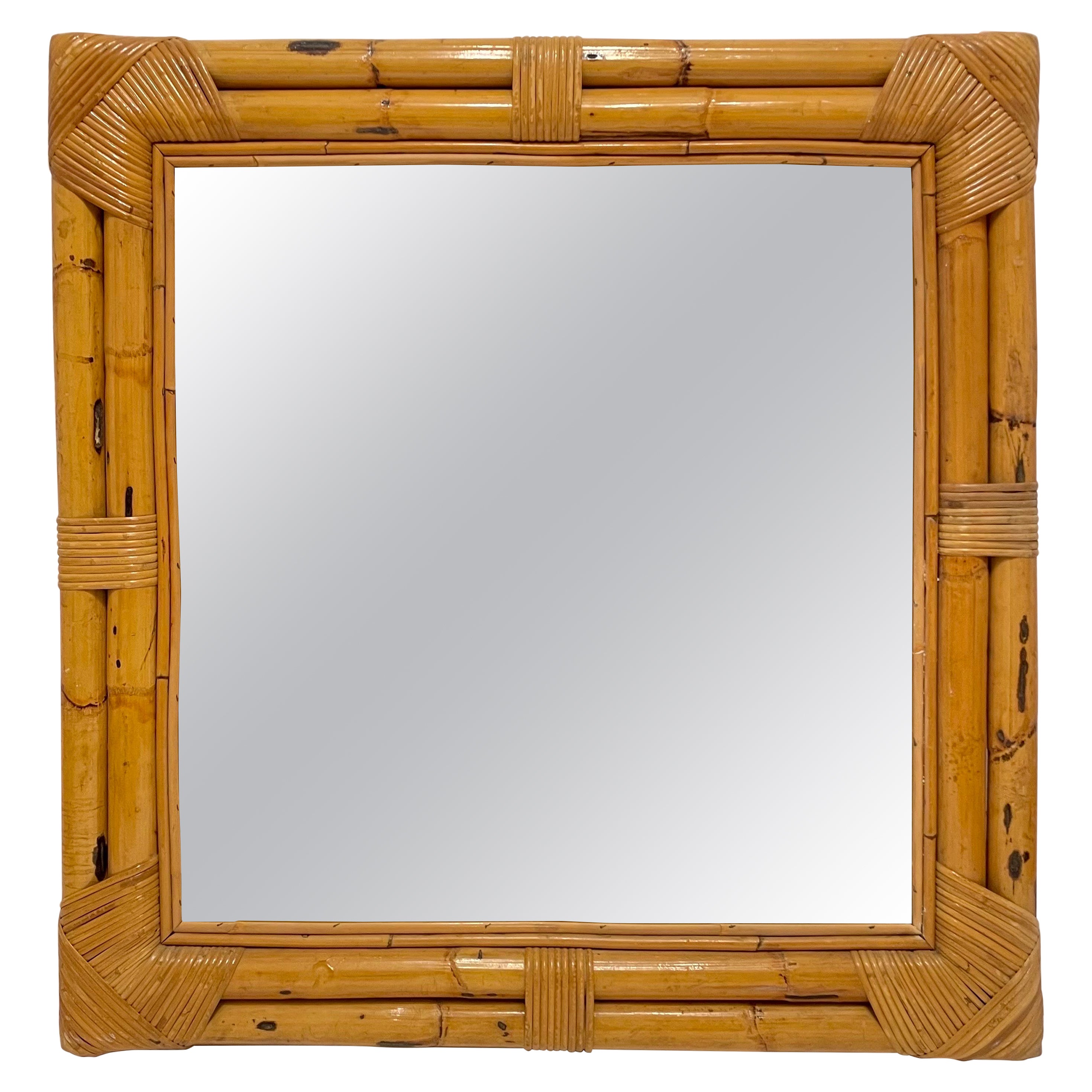 Large Vintage Square Bamboo And Rattan Mirror For Sale