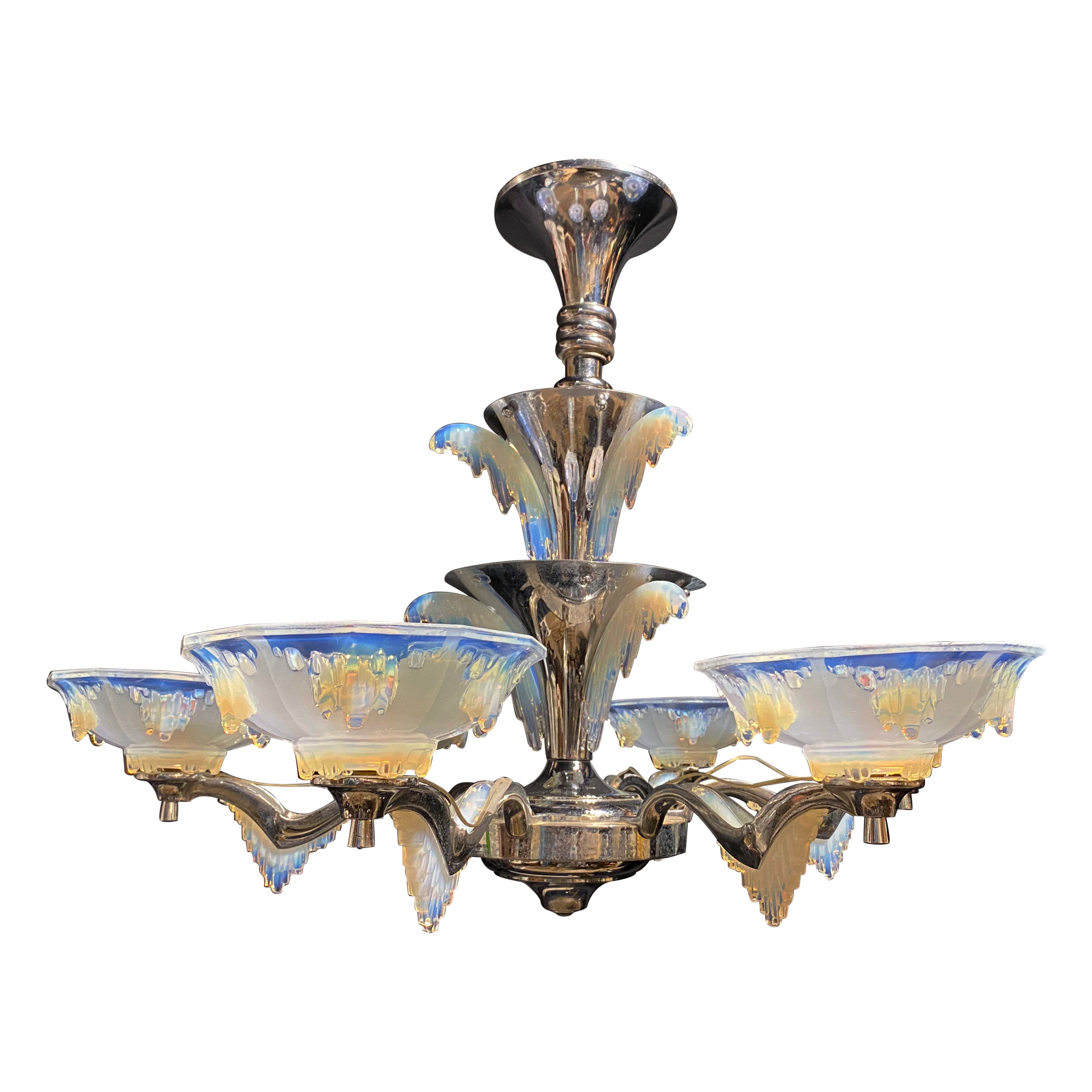  Opalescent Icicle Art Deco Chandelier In the Manner of Petitot & Ezan For Sale