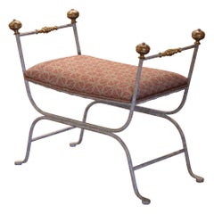 Vintage Mid-Century Italian Wrought Iron and Bronze Upholstered Curule Bench