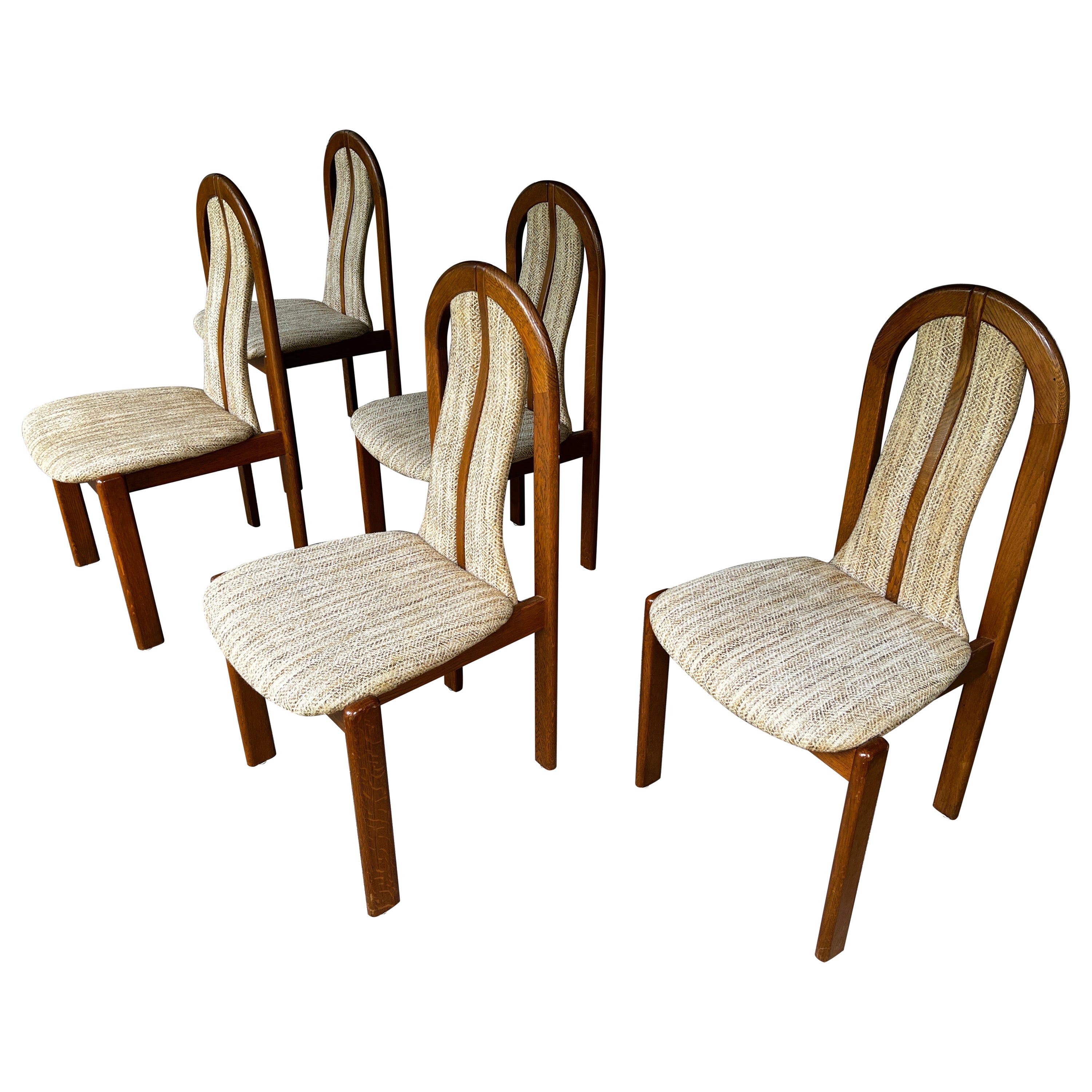 Set of 5 MCM Oak Dining Chairs with Original Tweed Fabric from Germany For Sale