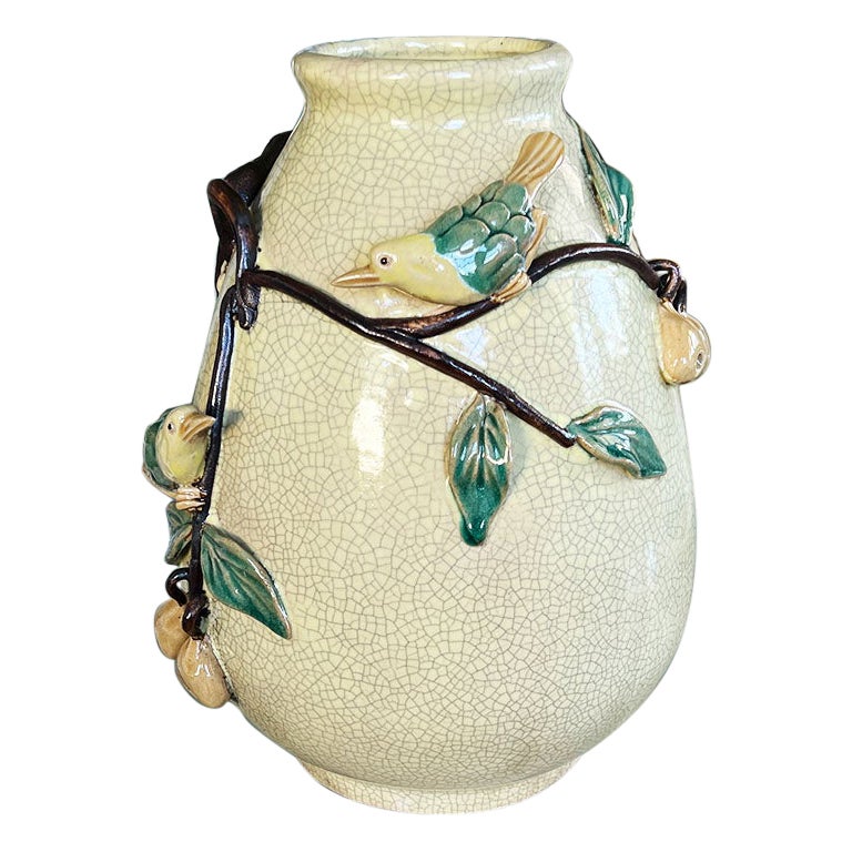 Chinoiserie Famille Jaune Yellow Craquelure Vase with Bird & Olive Branch Motif For Sale