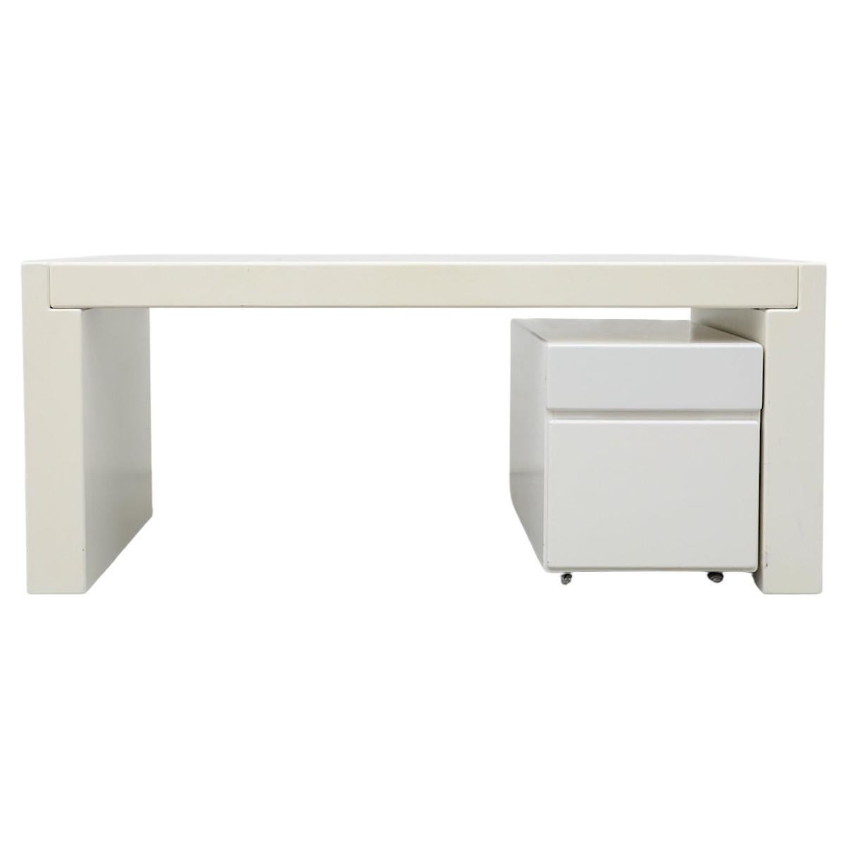Mid-Century MOD Jean Maneval Inspired Chunky White Desk with Rolling Storage For Sale