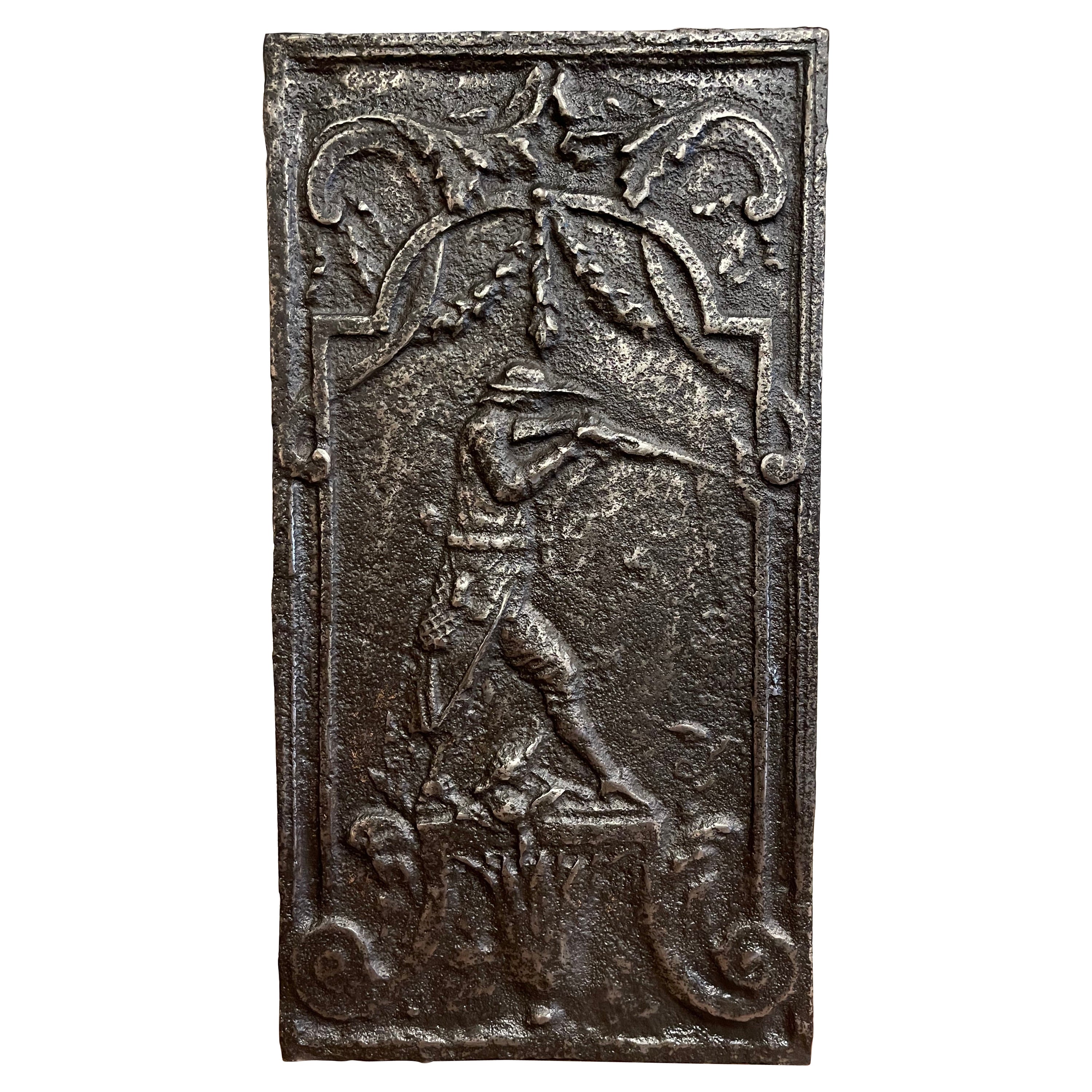 Plaque de cheminée en fer poli français du début du 19e siècle avec scène de chasse 