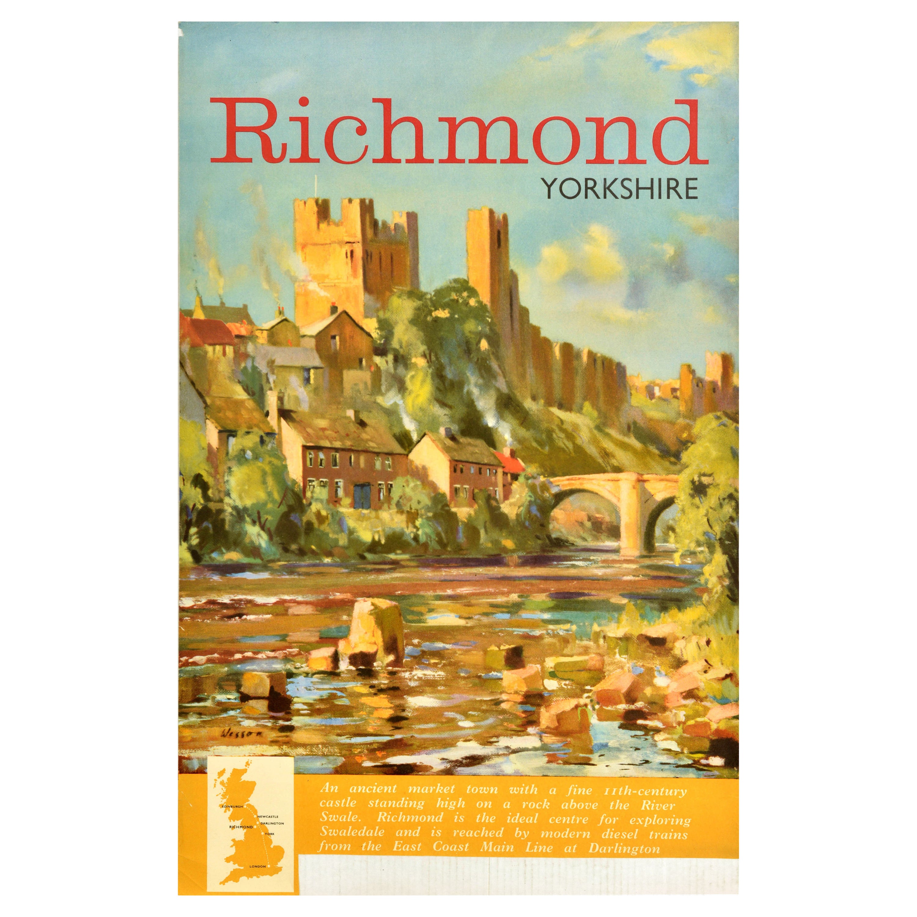 Poster ferroviario originale d'epoca Richmond Yorkshire British Railways Swaledale