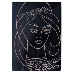 Cuadro Retrato de Madera Vintage URSS: Obra de arte negra curvada de una mujer, 1J71