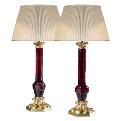 Large Pair of Ruby Glass and Brass Lamps