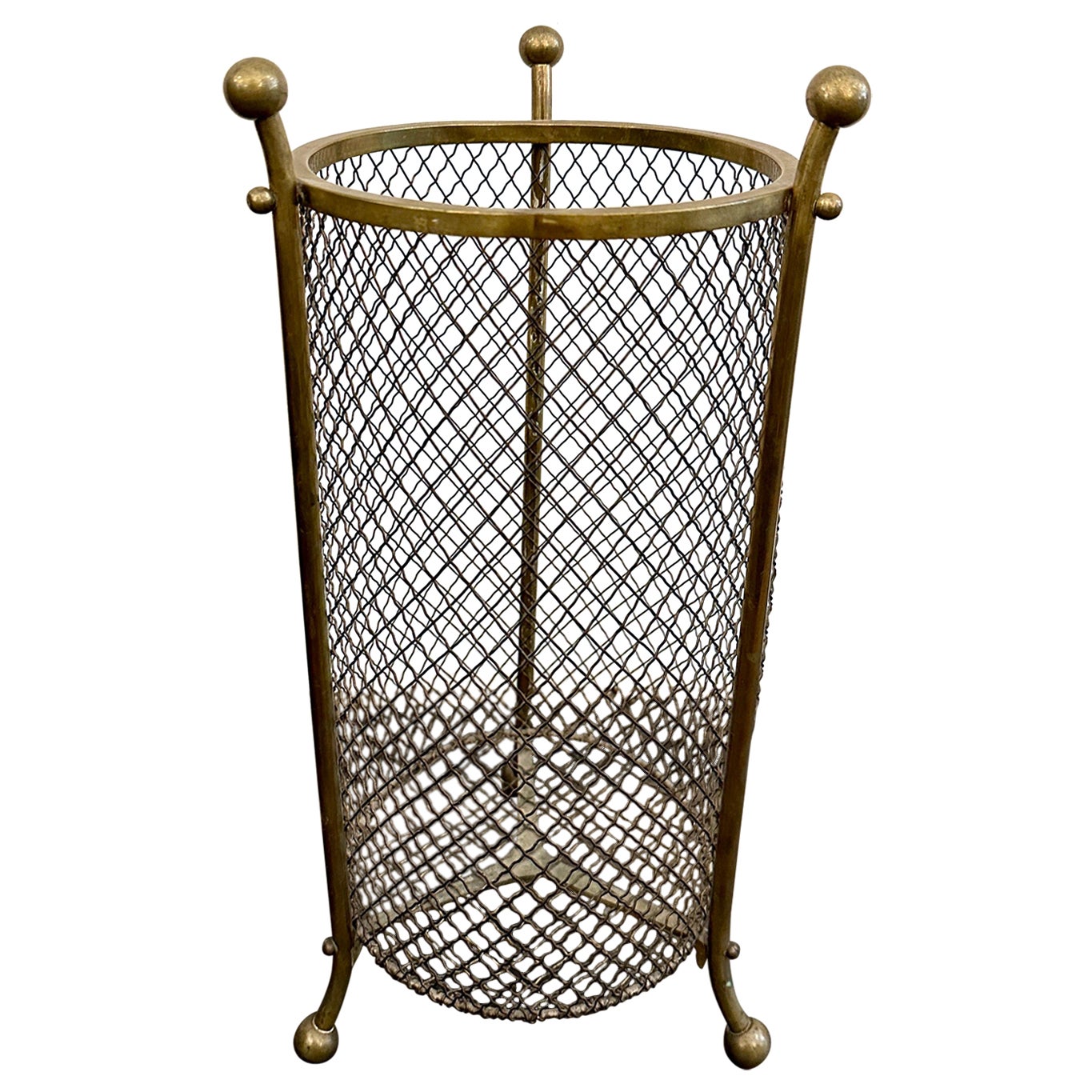 Vintage French Woven Mesh Brass Waste Basket For Sale