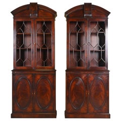 Baker Furniture Style Georgian Flame Mahogany Breakfront Bookcase Cabinets, Pair