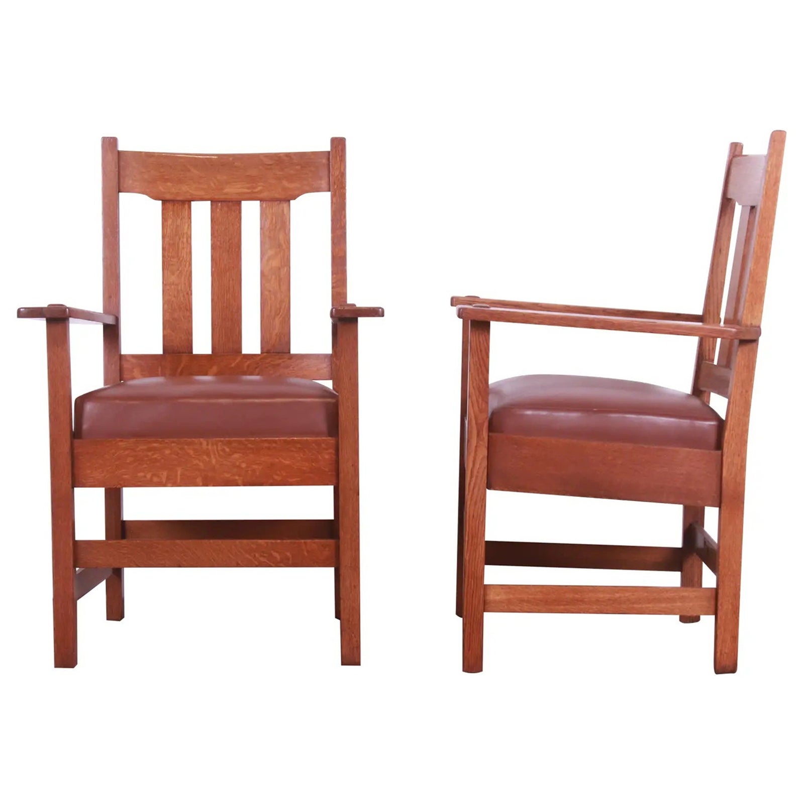 Stickley Brothers Mission Oak Arts & Crafts Arm Chairs, Pair For Sale