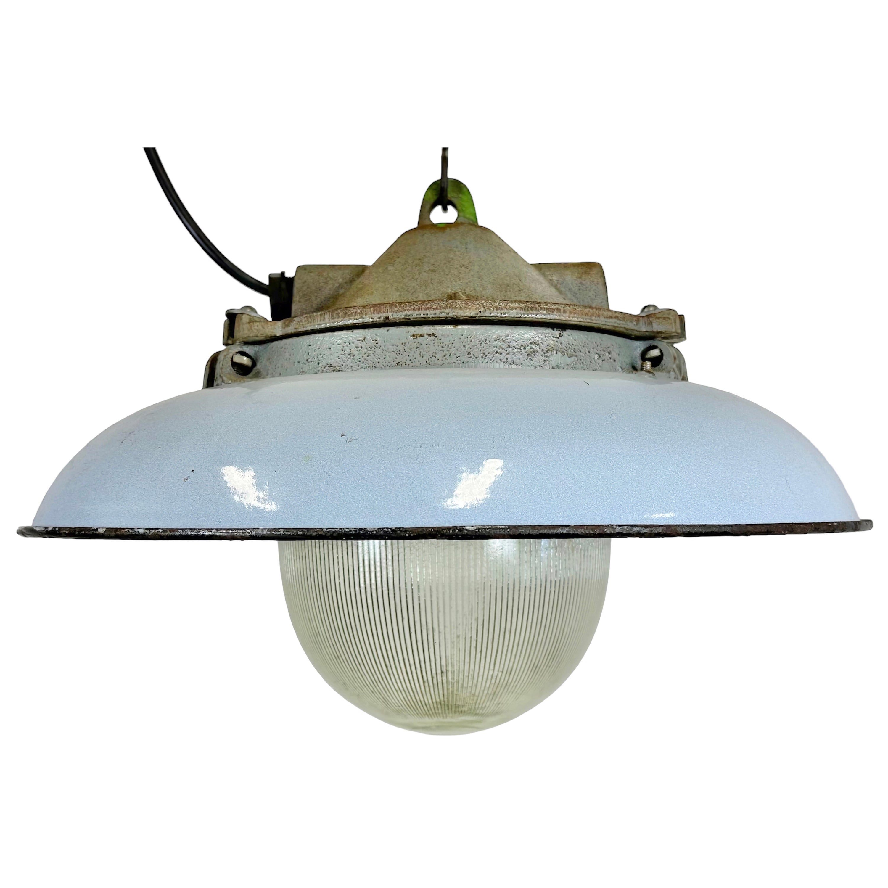 Industrial Blue Enamel Factory Pendant Lamp in Cast Iron from Zaos, 1960s For Sale