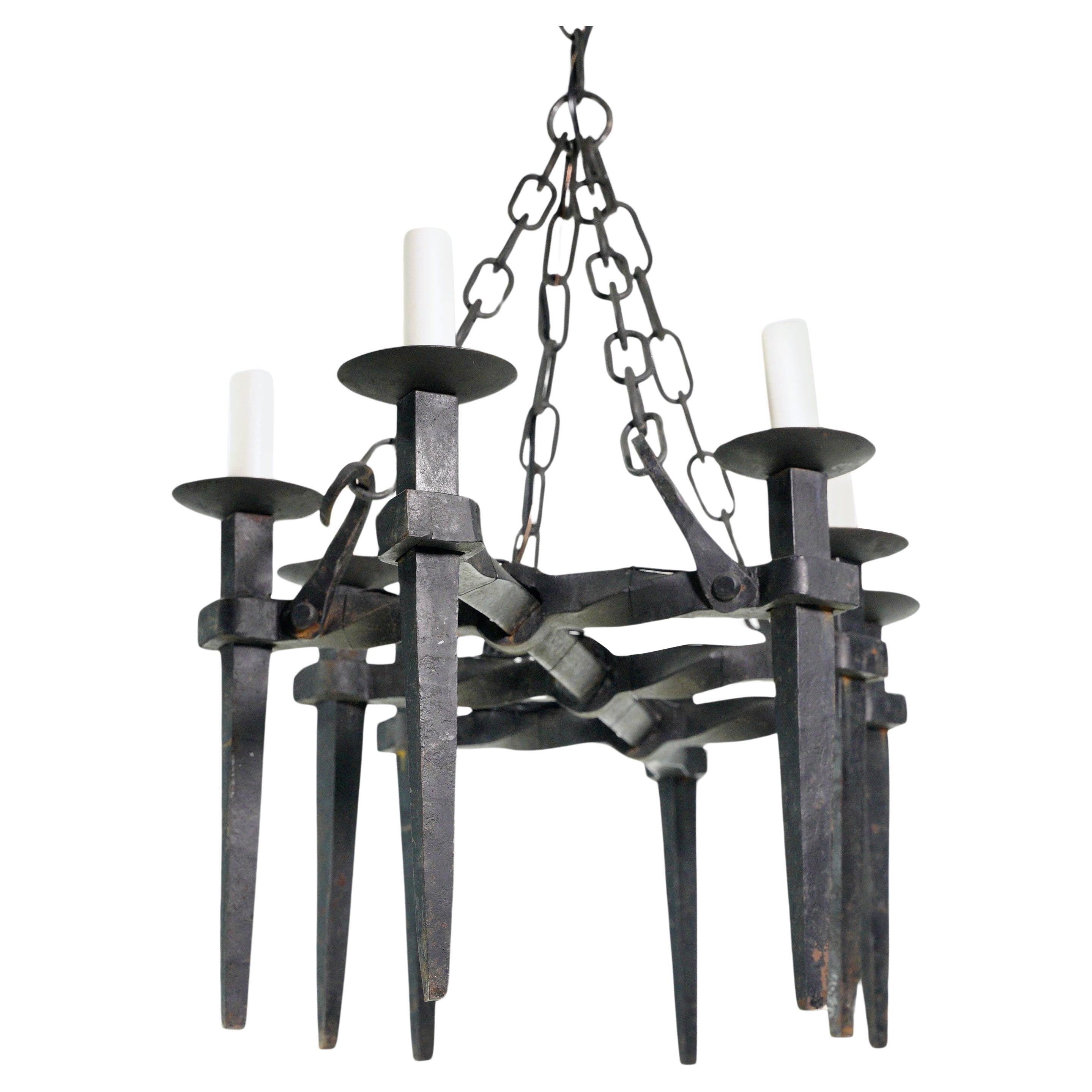 Antique French Black Wrought Iron 8 Arm Chandelier For Sale
