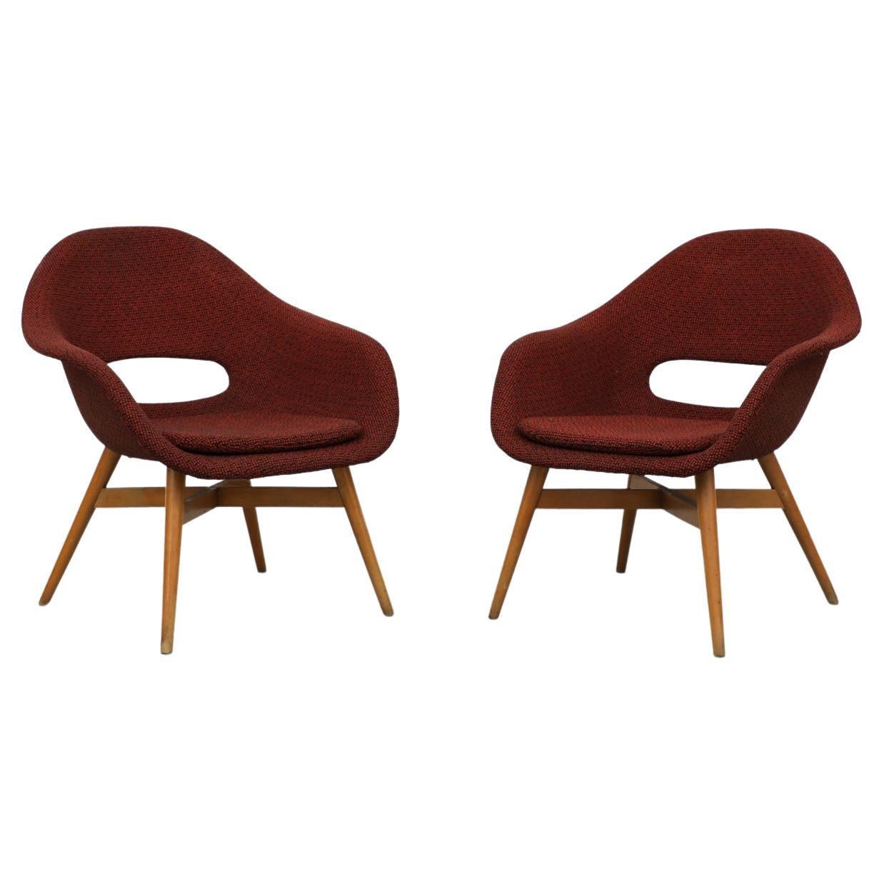 Pair of Miroslav Navrátil Bucket Lounge Chairs for Vertex in Red w/ Birch Frames For Sale