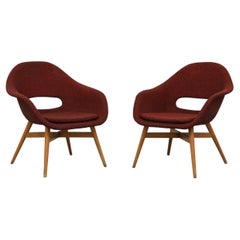Retro Pair of Miroslav Navrátil Bucket Lounge Chairs for Vertex in Red w/ Birch Frames