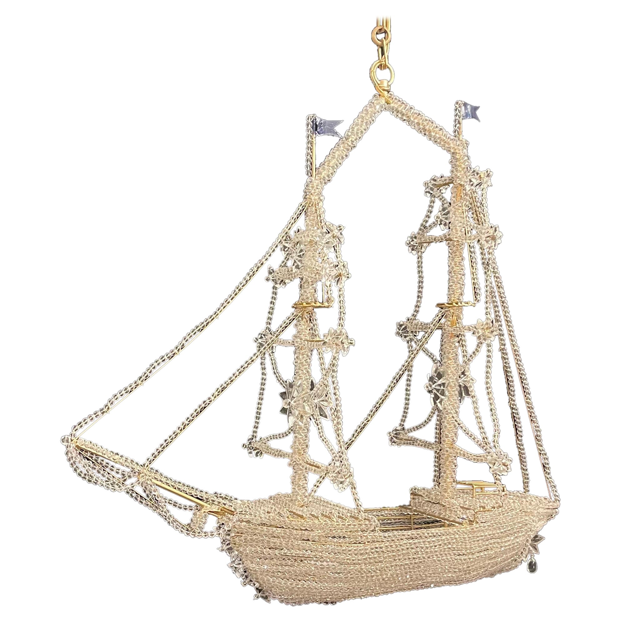 Beautiful Vintage Large Italian Crystal Beaded Gilt Boat Chandelier Ship Fixture For Sale