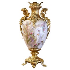 Retro Mid-Century French Gold Plated Brass and Painted Porcelain Urn with Foliage